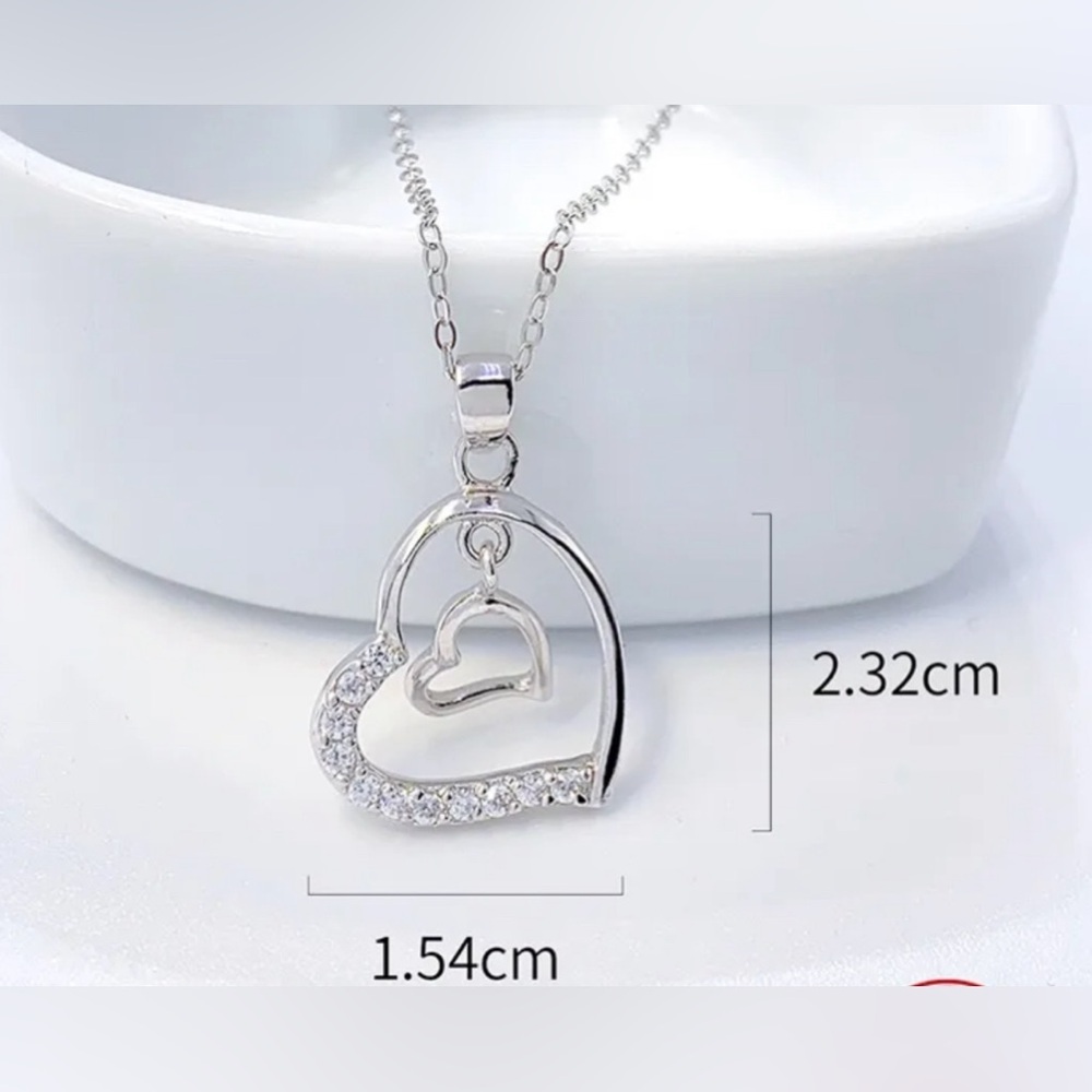 925 Sterling Silver Zircon Plating Inlay Heart Shape Pendant Necklace - Picture 3 of 7